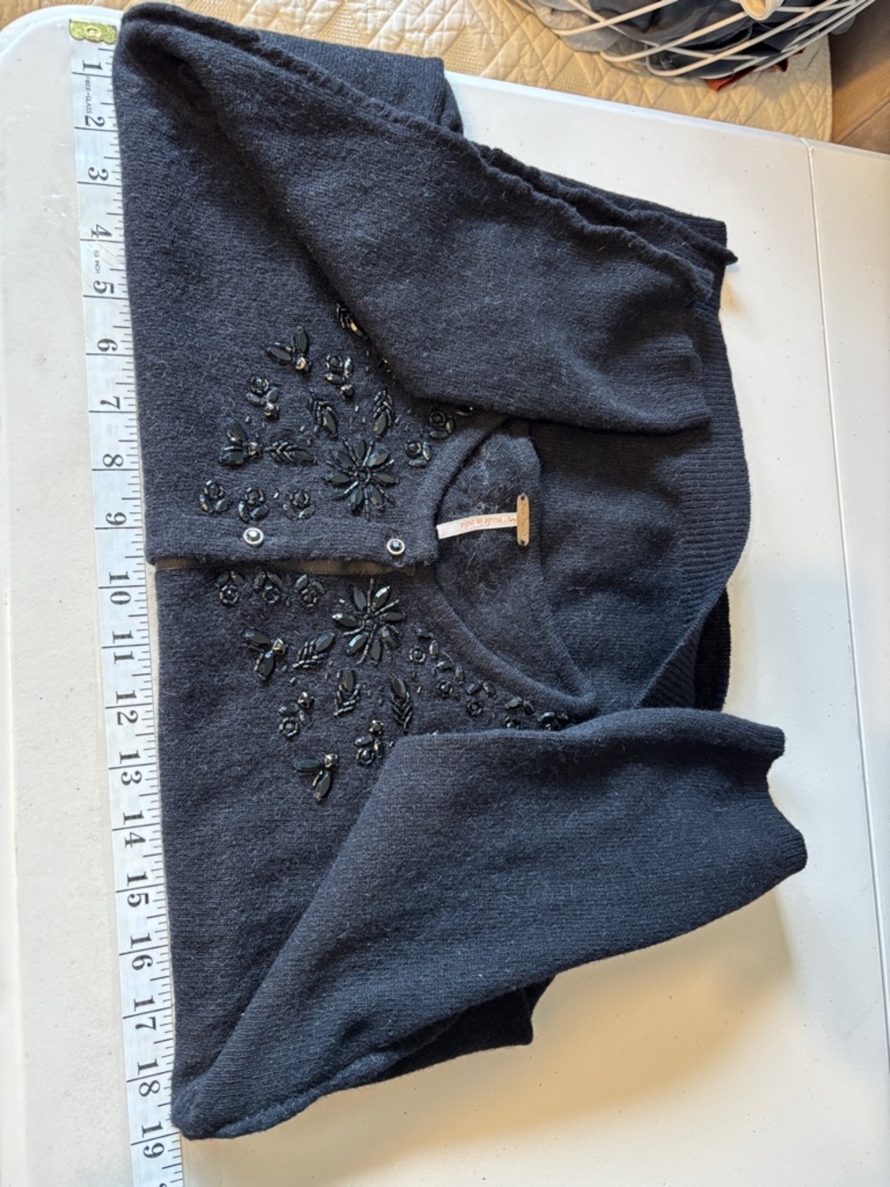 Whimsigoth Black Floral Cardigan Size Small Beaded Dark Fairy Grunge Fitted Wool - Picture 9 of 11